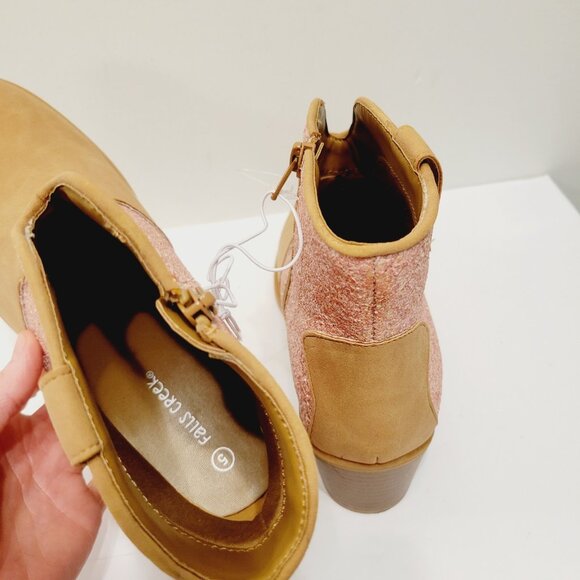 Youth Girls Falls Creek Tan Beige Faux Suede Sparkly Pink Heeled Booties - Picture 6 of 6